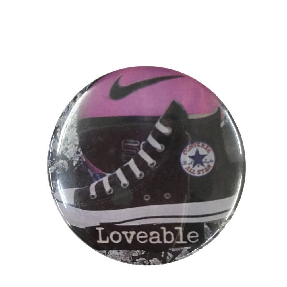 Vintage Pinback Button "Loveable" Converse Picture Swoosh 2.25" Diameter